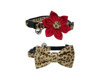 Cat Collar With Optional Flower Or Bow Tie Small Leopard Print: Breakaway Sizes S-L