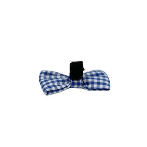 May include: Blue and white gingham bow tie with a black adjustable strap.
