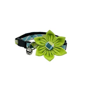 Cat Collar With Optional Flower Blue And Green Plaid Adjustable Pet Collar sizes S Kitten, Medium, Large