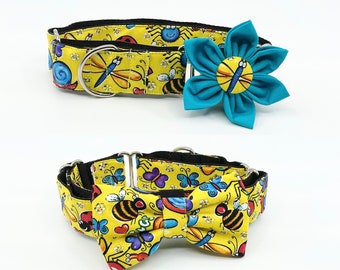 Happy Bugs On Yellow Martingale Dog Collar With Optional Flower Or Bow Tie, Adjustable Slip On Collar, Sizes Small, Medium, Large,  XLarge