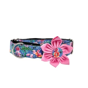 Floral Martingale Dog Collar with Optional Flower in a Pink Flowers on Blue Cotton Fabric, Slip on Collar Adjustable Sizes XS, S, M, L, XL