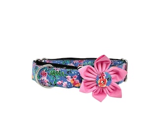 Floral Martingale Dog Collar with Optional Flower: Pink Flowers on Blue, Slip on XS-XL