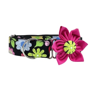 Floral Martingale Dog Collar with Optional Flower, Flower Print on Black, Adjustable Slip on Collar Sizes S, M, L, XL
