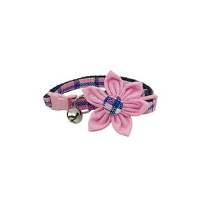 Cat Collar With Optional Flower, Pink And Navy Plaid Breakaway Pet Collar, Adjustable Sizes S Kitten, Medium Cat, Large Cat