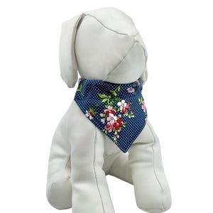 Floral Pet Bandana to Slip Over your Dogs Collar in a Flowers On Navy Blue Polka Dot In Size XXS, XS, S, M, L