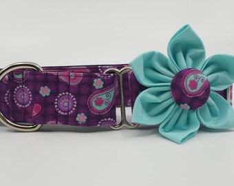 Purple And Teal Paisley Martingale Dog Collar With Optional Flower - Adjustable Slip On Collar Sizes Small, Medium, Large, XLarge