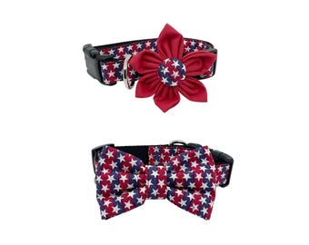 Patriotic Stars Dog Collar: Red White Blue, Optional Bowtie or Flower XXS-XL