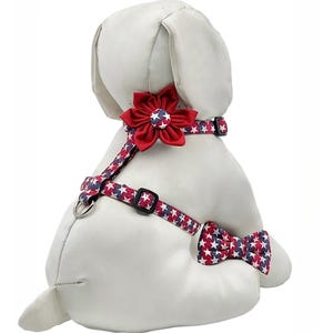 Patriotic Red, Blue and White Stars Dog Harness with Optional Flower or Bow Tie, Adjustable Pet Harness Size XS, S, M