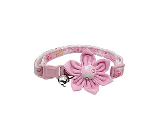 Cat Collar With Optional Flower, Pink Floral Print, Breakaway Adjustable Sizes S-L