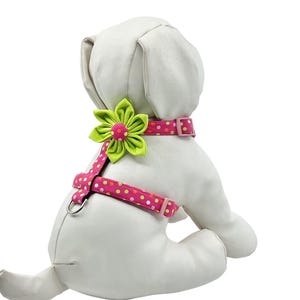 Pink and Green Polka Dot Dog Harness with Optional Flower Adjustable Pet Harness Sizes  XSmall, Small, Medium