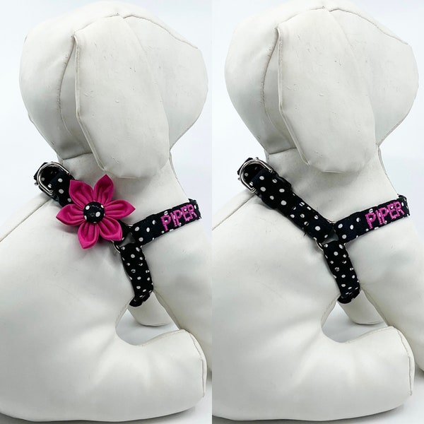 Personalized Step in Dog Harness With Optional Flower, Black And White Polka Dot Adjustable Sizes XXS, XS, S, M, L
