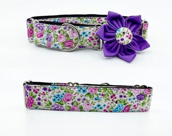 Purple And Pink Floral Martingale Dog Collar With Optional Flower Adjustable Slip On Collar Sizes Small, Medium, Large, XLarge