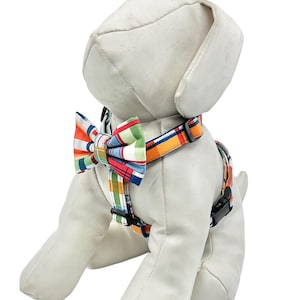 Dog Harness With Optional Bow tie Multi Plaid Patchwork Adjustable Pet Harness Sizes XSmall, Small, Medium