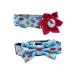 Blue Nautical Fish Pattern Martingale Dog Collar With Optional Flower Or Bow Tie: Slip On Sizes XS-XL