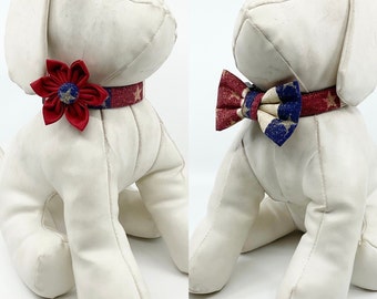 Gold Stars On Red And Blue Stripes Patriotic Dog Collar With Optional Flower Or Bow Tie Adjustable Sizes XS, S, M, L, XL