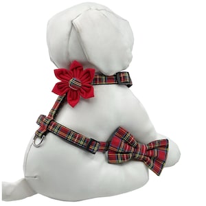 Red Tartan Plaid Dog Harness With Optional Flower Or Bow Tie, Adjustable Pet Harness Size XS, S, M, L