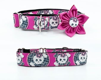 Martingale Dog Collar With Optional Flower Skulls And Flowers Print Adjustable Slip On Collar Sizes S, M, L, XL