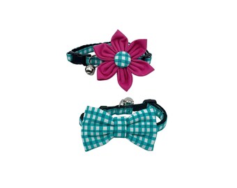 Teal Gingham Cat Collar, Optional Pink Flower Or Matching Bow Tie: Breakaway Sizes S-L