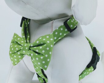 Dog Harness With Optional  Bow Tie - Green And White Polka Dot - Adjustable Pet Harness Sizes XSmall, Small, Medium