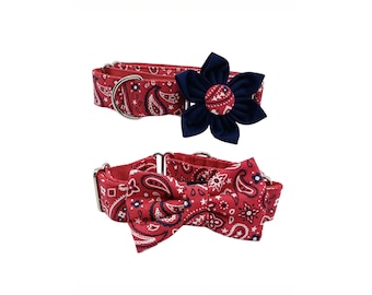 Martingale Dog Collar with Optional Flower or Bow Tie: Red and Blue Paisley XS-XL