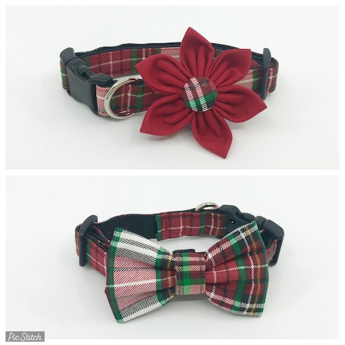 Christmas Dog Collar With Flower or Bow Tie Red Tartan Plaid Etsy