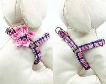 Step in Dog Harness With Optional Flower Pink And Navy Plaid Pet Harness Adjustable Sizes XXS, XS, S, M