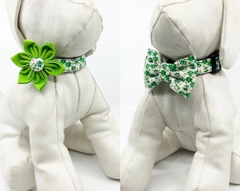 St. Patrick's Day Irish Plaid Shamrocks Dog Collar With Optional Flower Or Bow Tie - Pet Collar Adjustable Sizes  XS, S, M, L, XL