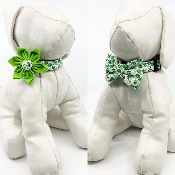 St. Patrick's Day Irish Plaid Shamrocks Dog Collar With Optional Flower Or Bow Tie - Pet Collar Adjustable Sizes  XS, S, M, L, XL