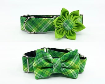 St. Patrick's Day Martingale Dog Collar With Optional Flower Or Bow Tie Green Plaid Glitter Slip On Collar Adjustable Sizes S, M, L, XL