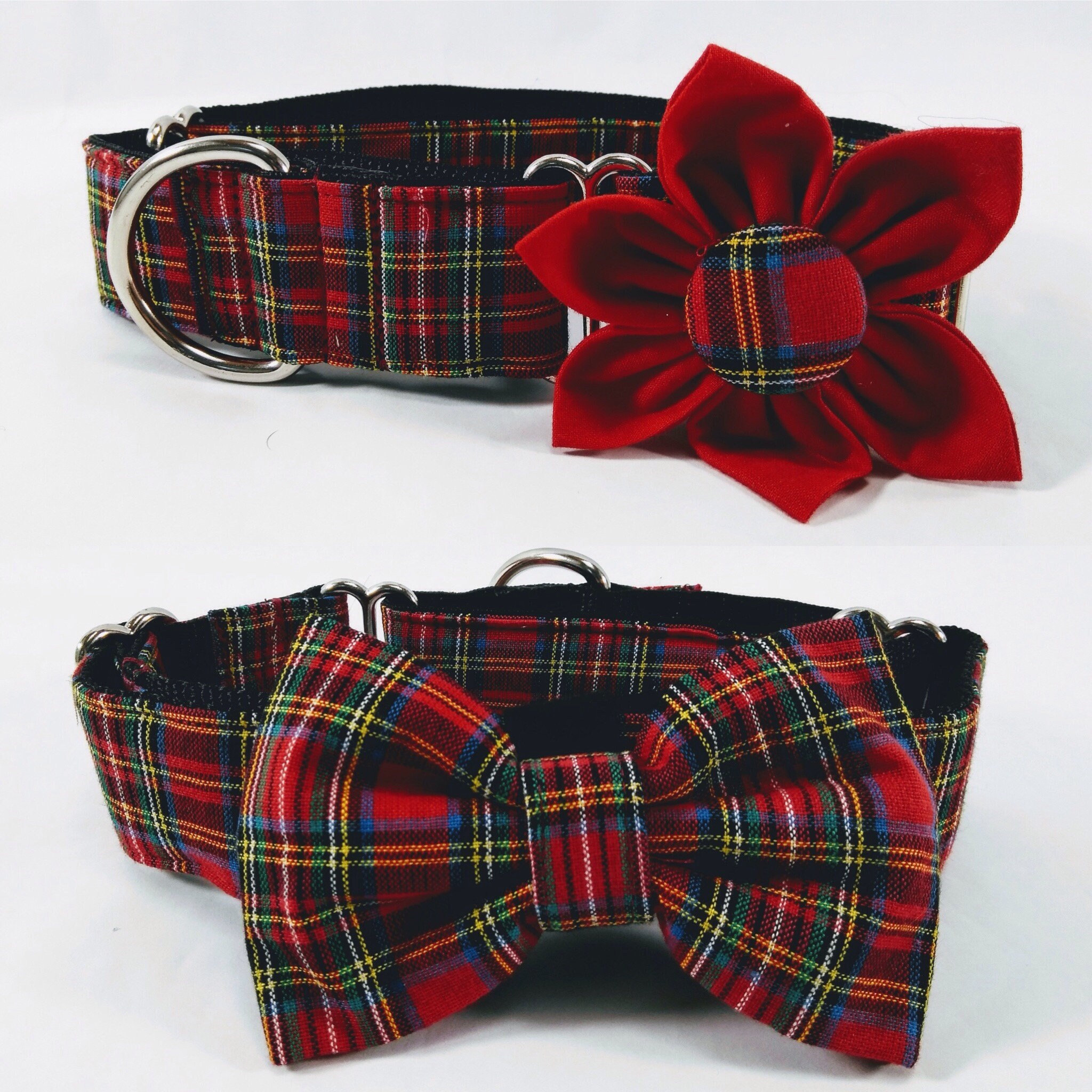 Martingale Dog Collar With Optional Flower Or Bow Tie - Red Tartan - …