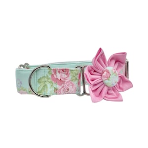 Floral Rose on Mint Polka Dot Martingale Dog Collar with Optional Flower Adjustable Slip-on Collar Sizes XS, S, M, L, XL