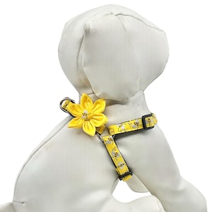 Bumble Bee Step in Dog Harness With Optional Flower, Sparkly Yellow Bees Print Adjustable Pet Harness Sizes XXS, XS, S, M
