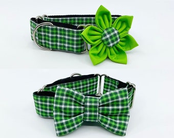 St. Patrick's Day Martingale Dog Collar With Optional Flower Or Bow Tie Green Plaid Slip On Collar Adjustable Sizes S, M, L, XL