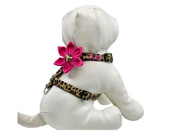 Cheetah Animal Print Dog Harness With Optional Flower And Personalization, Sizes XS-M