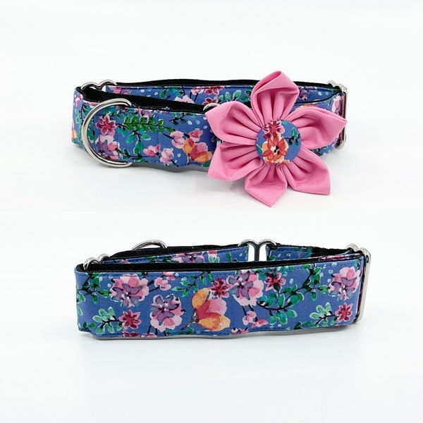 Floral Martingale Dog Collar With Optional Flower In A Pink Flowers On Blue Cotton Fabric, Slip On Collar Adjustable Sizes S, M, L, XL