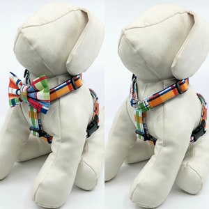 Dog Harness With Optional Bow tie Multi Plaid Patchwork Adjustable Pet Harness Sizes XSmall, Small, Medium