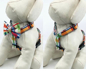 Dog Harness With Optional Bow tie Multi Plaid Patchwork Adjustable Pet Harness Sizes XSmall, Small, Medium