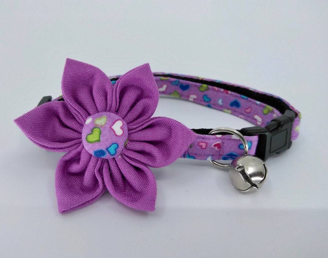 Cat Collar With Flower Bell Pet Collar Colorful Hearts on Etsy