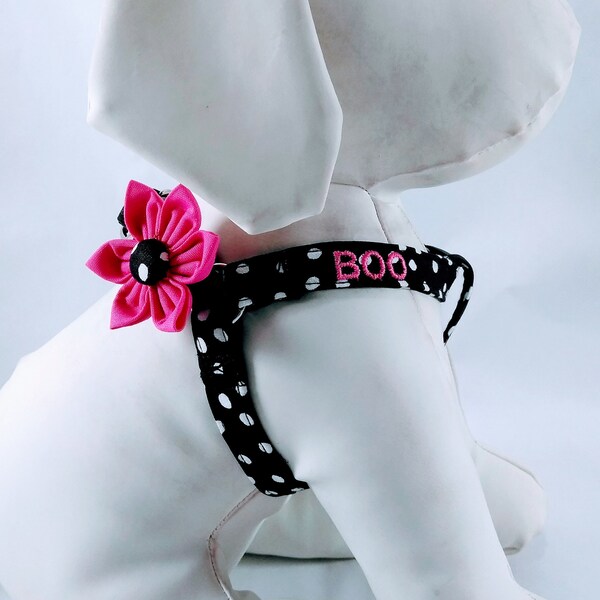 Personalized Step in Dog Harness With Optional Flower,  Black And White Polka Dot Adjustable Sizes XXS, XS, S, M, L