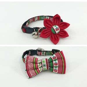 Holiday Cat Collar With Optional Flower Or Bow Tie Red And Green Christmas Candy Breakaway Collar Adjustable Sizes S Kitten, M, L