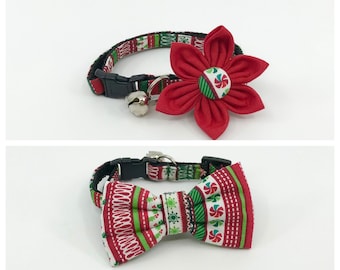 Holiday Cat Collar With Optional Flower Or Bow Tie Red And Green Christmas Candy Breakaway Collar Adjustable Sizes S Kitten, M, L