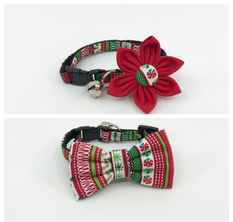 Holiday Cat Collar With Optional Flower Or Bow Tie Red And Green Christmas Candy Breakaway Collar Adjustable Sizes S Kitten, M, L image 1