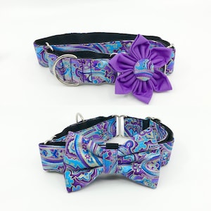 Martingale Dog Collar With Optional Flower Or Bow Tie  Metallic Purple And Teal Metallic Paisley Slip  On Collar Sizes S, M, L, XL