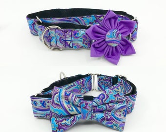 Martingale Dog Collar With Optional Flower Or Bow Tie  Metallic Purple And Teal Metallic Paisley Slip  On Collar Sizes S, M, L, XL