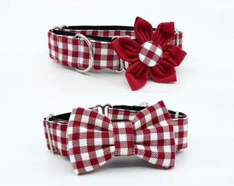 Red And White Checkered Martingale Dog Collar With Optional Flower Or Bow Tie Adjustable Slip On Collar Sizes Small, Medium, Large, XLarge