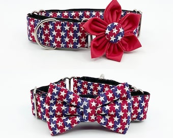 Patriotic Martingale Dog Collar With Optional Flower Or Bow Tie Red And blue Stars And Stripes Slip On Collar Adjustable Sizes S, M,  L, XL