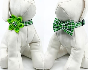 St. Patrick's Day Dog Collar With Optional Flower Or Bow Tie Small Green Plaid Pet Collar - Adjustable Sizes  XS, S, M, L, XL