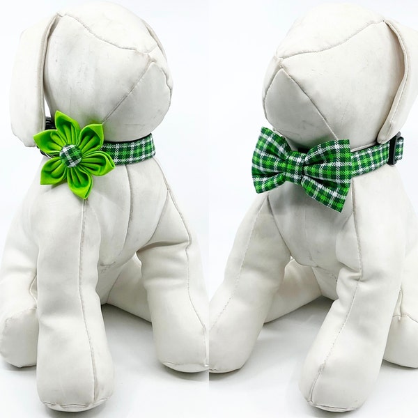 St. Patrick's Day Dog Collar With Optional Flower Or Bow Tie Small Green Plaid Pet Collar - Adjustable Sizes  XS, S, M, L, XL