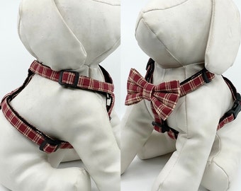 Maroon Plaid Dog Harness With Optional Bow tie Adjustable Pet Harness Sizes XSmall, Small, Medium