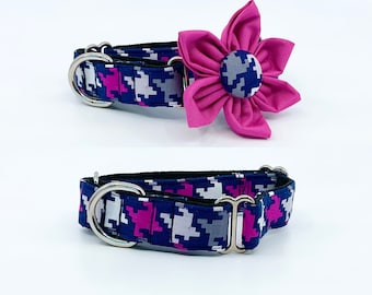 Fuchsia Houndstooth Martingale Dog Collar With Optional Flower Available In A 3/4”, 1" and 1.5" Slip On Collar Sizes S, M, L, XL